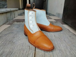 Handmade Men&#39;s Two Tone Tan &amp; White Leather &amp; Suede Button Boots - £125.52 GBP+