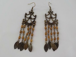 Chandalier Earring Seed Pod Metal Dangle Primitive Jewelry Stamped Oval Fishook - £11.26 GBP