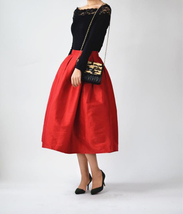 Women Red A-line Pleated Taffeta Skirt Ruffle Plus Size Pleated Skirt Outfit image 1