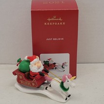2021 Hallmark JUST BELIEVE Santa Unicorn Sleigh Keepsake Ornament 2.5&quot; - £9.30 GBP