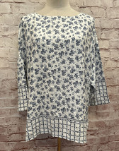 Simply Styled by Sears Womens L Blouse White Blue Floral Popover Boxy Casual NEW - £17.30 GBP