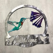 Hummingbird Welcome Sign Metal Wall Art Colored 12 3/4&quot; wide x 12 3/4&quot; tall - $39.88