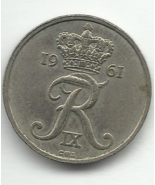 1961 Denmark 10 Ore Coin w/ King Frederik IX Monogram Danmark - $67.00