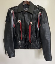 Vintage First Genuine Leather Jacket Mens 44 Black Fringe Motorcycle Biker - $2,827.17 MXN