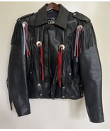 Vintage First Genuine Leather Jacket Mens 44 Black Fringe Motorcycle Biker - $148.49