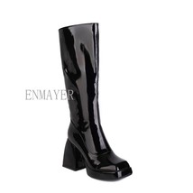 Patent Leather Square Head Knight Boots New Side Zipper Candy Colors  Nightclub  - £58.60 GBP