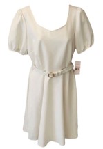 NANETTE LEPORE Women&#39;s Mini Dress Belted Short Sleeve Fit Flare Size 10 Cream - £27.25 GBP