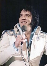 Elvis Presley in concert smiling pose in white jumpsuit &amp; blue shirt 5x7... - $6.99