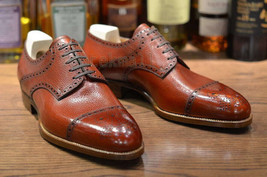 Handmade Men&#39;s Leather Grain Oxford Wingtip Brown Brogue Toe Cap Shoes-943  - £160.33 GBP