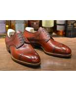 Handmade Men&#39;s Leather Grain Oxford Wingtip Brown Brogue Toe Cap Shoes-943  - £156.71 GBP