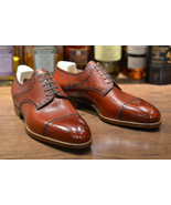 Handmade Men&#39;s Leather Grain Oxford Wingtip Brown Brogue Toe Cap Shoes-943  - $199.49