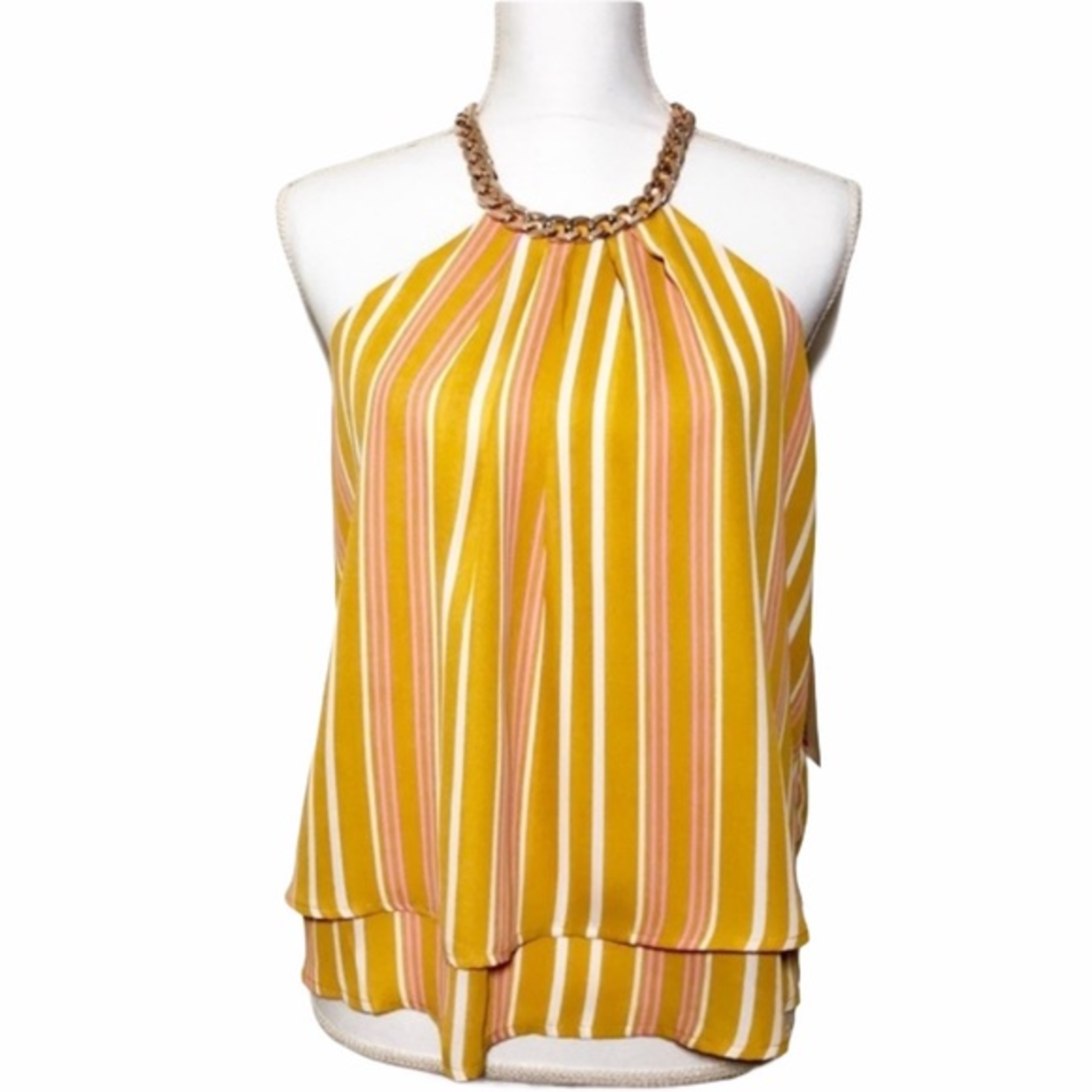 Primary image for Stella Tweed Chain Link Top Size L Sleeveless Stripes Chain Colllar Flowy Halter