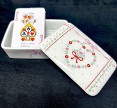 Vintage 80s Playing Cards W Porcelain Storage Box Sealed Deck Flowers Heart Bow - £26.03 GBP