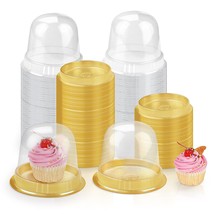 50 Pack 4Inch Gold Single Cupcake Boxes With Lid Plastic Individual Cupcake Cont - £21.20 GBP