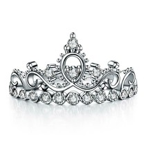 925 Silver Tiara Crown Ring Created Diamond Wedding Band 14k White Gold Plated - £29.83 GBP