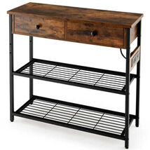 Narrow Console Table with 2 Drawers and 2 Metal Mesh Shelves-Gray - $90.28