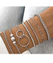 Layered Seven Chain Bracelet Set Adjustable Size Silver - £11.18 GBP