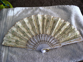 FAN ( SMALL HAND TYPE FAN ) WITH FLOWERS FLOWER SEQUINS BEIGE B1 - £6.32 GBP