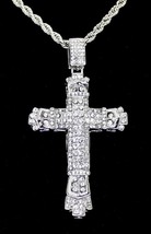 Mens Large Icy CZ Cross Pendant White Gold Plated 24&quot; Rope Hip Hop Necklace - £7.83 GBP