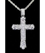 Mens Large Icy CZ Cross Pendant White Gold Plated 24&quot; Rope Hip Hop Necklace - £7.77 GBP