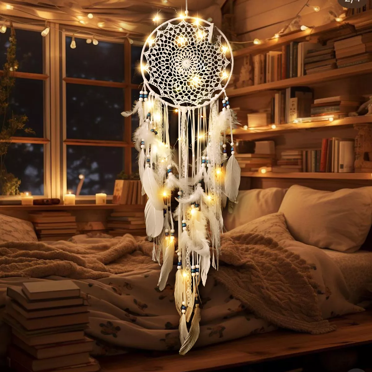 LED Dream Catcher Wall Hanging Decor Large Handmade with Light Feathers ... - $39.39 CAD