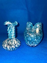 2 Blue And White Studio Art Glass Hand Blown Vase Ruffled Stretch Crimp ... - £43.52 GBP