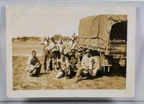 Primary image for WWII Soldiers Handsome Shirtless Posing with Truck Snapshot Photograph AA25