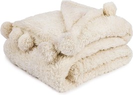 Pavilia Cream Sherpa Throw Blanket For Couch, Pom Pom | Fluffy Plush Soft, 50X60 - £24.77 GBP
