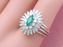 Vintage .35ct Marquise Emerald 1ctw Diamond Sunburst 18K High Cocktail Ring 1950 - £1,768.64 GBP