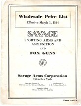 Savage sporting arms ammunition Fox guns price list 1934 vintage  - £50.96 GBP