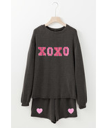 Carbon Grey XOXO Heart Patched Pattern Long Sleeve Corded Shorts Set - $35.41