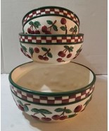 Cherry Nesting Mixing Serving Bowls Ceramic Raised Texture Red Green Whi... - £29.13 GBP