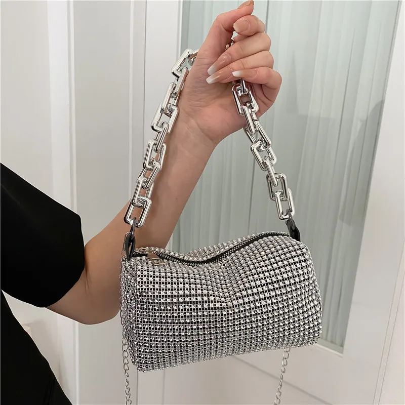 Women Rhinestone Bucket Bag Glitter Chain Prom Purse crystal Stones Bags - $10.00