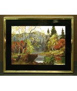 Vintage Foil Art Picture Bears Mountains Fall Landscape Original Frame &amp;... - £24.74 GBP