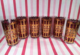 Mid Century Modern CULVER 22KT Gold Cranberry Scroll 6pc Collins Glasses - £98.36 GBP