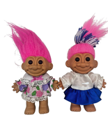 Russ Cheerleader and Floral Outfit TROLL DOLLS Pink Hair Vintage Set of 2 - £15.57 GBP