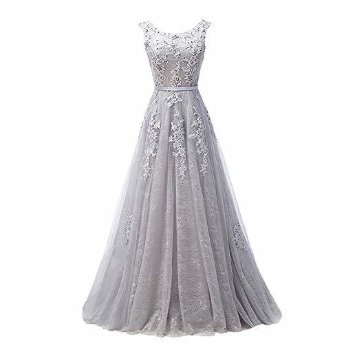 Kivary Plus Size Long Beaded Lace Scoop Neck Open Back Evening Prom Dress Silver