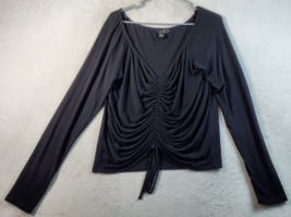 FOREVER 21 Blouse Top Womens Size 2X Black Knit Ruched Long Casual Sleeve V Neck - £10.00 GBP