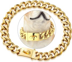 Gold Chain Dog Collar Designer Dog Cuban Link Chain Collar With Safty Design Buc - £31.56 GBP