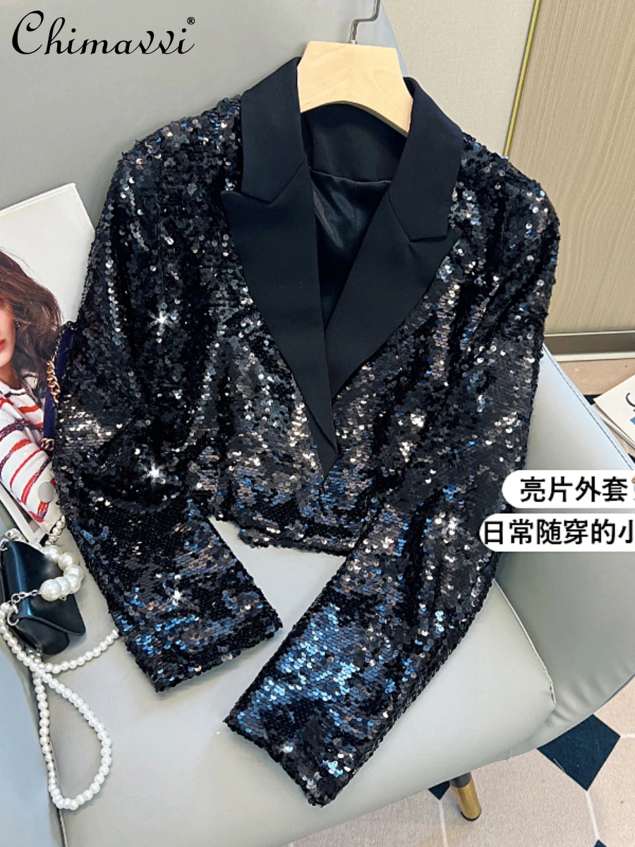 Fall    Design Heavy Glitter Suit Jacket Female Temperament Long Sleeve Short Bl - £181.14 GBP