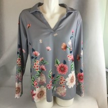 Gray Floral Long Sleeve V Neck Collar Pull Over Top Size Large  - £10.85 GBP
