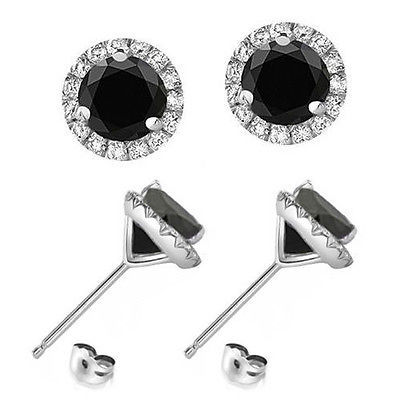 1-Carat-Black-Diamond-Halo-Solitaire-Push-Back-Martini-Earrings-14K-White Gold - £141.00 GBP