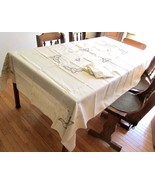 vintage LINEN TABLECLOTH + 12 NAPKIN SET beige 60x96 - £92.91 GBP