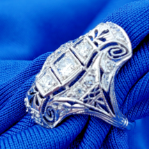 Earth mined Diamond Deco Engagement Ring Antique 20s Platinum Filigree Statement - $3,320.25