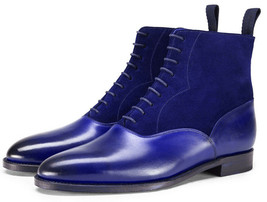 Men&#39;s Hand Made Blue High Ankle Genuine Suede Leather Lace Up Boots US 7-16 - £126.10 GBP