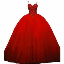 Kivary Spaghetti Straps Beaded Lace Ball Gown Tulle Long Prom Quinceanera Dress  - £143.12 GBP