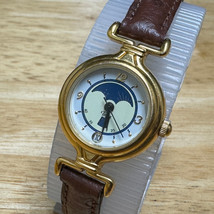 Vintage Timex Quartz Watch Women Moon Phase Gold Tone Date Leather New Battery - £58.72 GBP