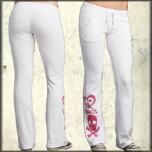 Sinful Lunar Pink Skull Heart Peace Womens Long Sweat Pants Yoga Gym Whi... - £50.41 GBP