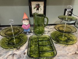 VINTAGE GREEN GLASS UPCYCLED SERVE WARE SET, CAKE PLATES, PITCHER, SERVI... - $85.00