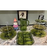 VINTAGE GREEN GLASS UPCYCLED SERVE WARE SET, CAKE PLATES, PITCHER, SERVING TRAY - £66.84 GBP